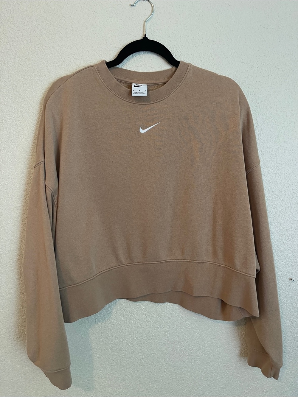 Nike Women's Cropped Crew Sweatshirt - Taupe Beige with White Swoosh